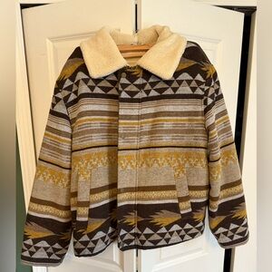 Zara Men's Patterned Pea Coat with Cream Sherpa Collar - Brown & Mustard